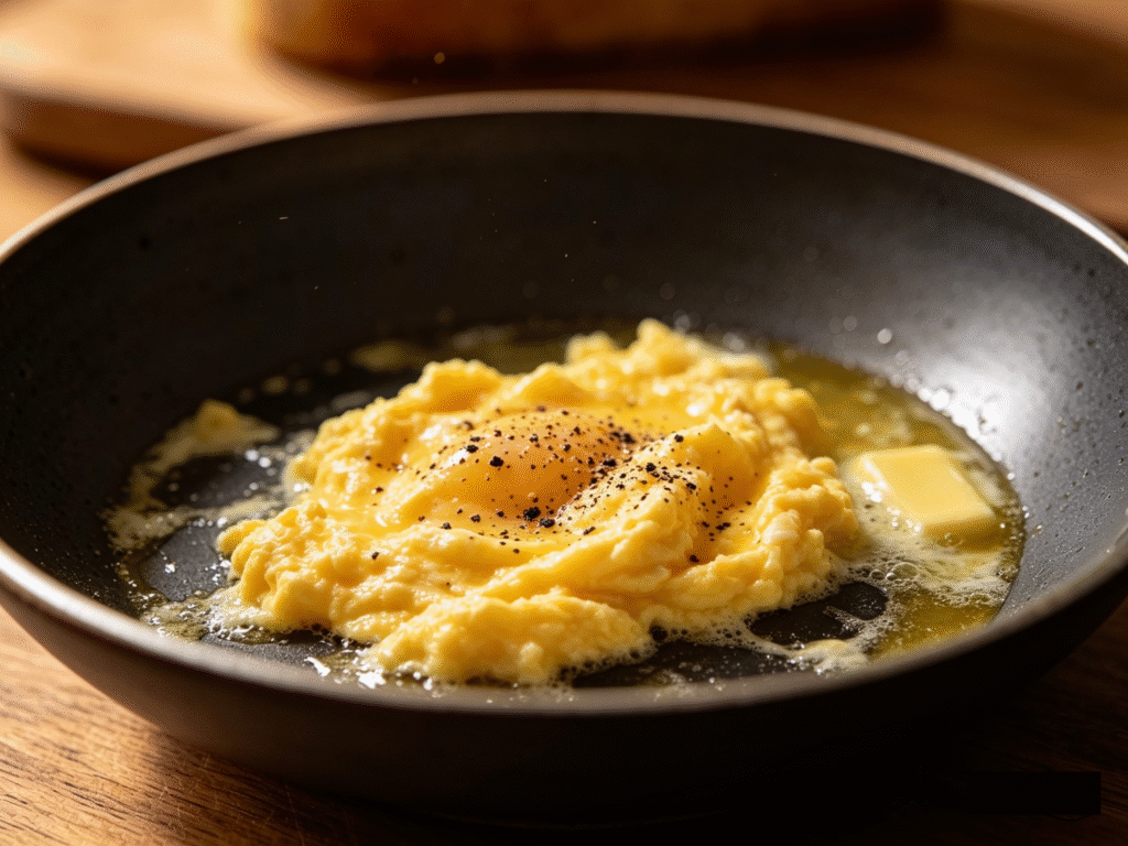 Cooking fluffy scrambled eggs in butter