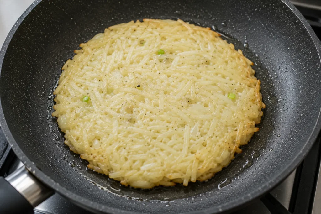 Flattening Korean potato pancake mixture in a lightly oiled non-stick skillet over medium heat.