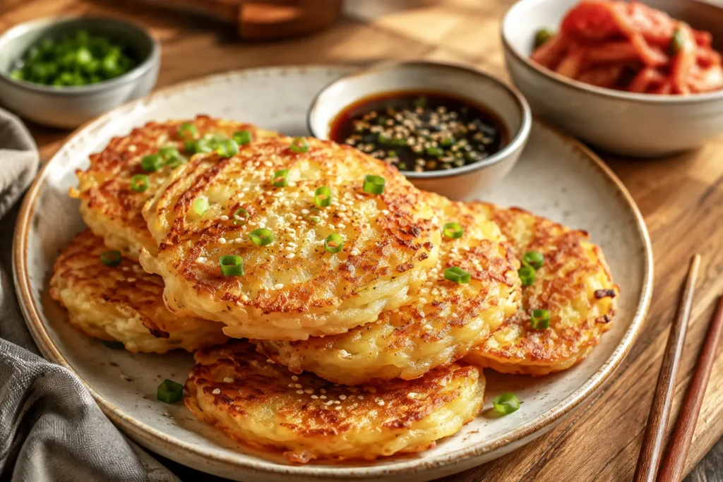 Golden crispy Korean potato pancakes served on a ceramic plate with soy dipping sauce, sesame seeds, and green onions.
