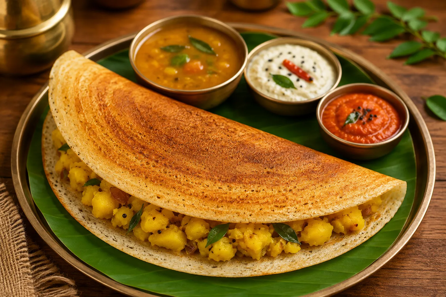 Crispy Masala Dosa filled with spiced potato served with coconut chutney, tomato chutney, and sambar on a rustic wooden table