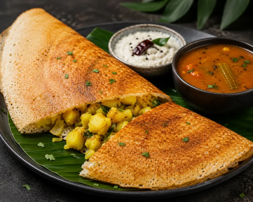 Crispy Masala Dosa sliced open to reveal flavorful spiced potato filling served with coconut chutney and sambar