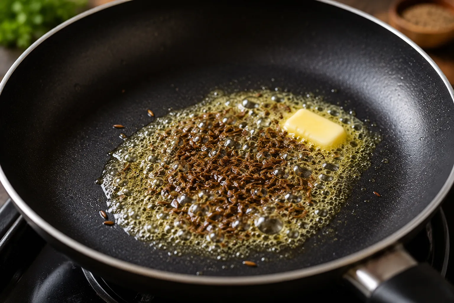 Cumin seeds sizzling in melted butter in a non-stick pan to prepare authentic Masala Egg Bhurji.