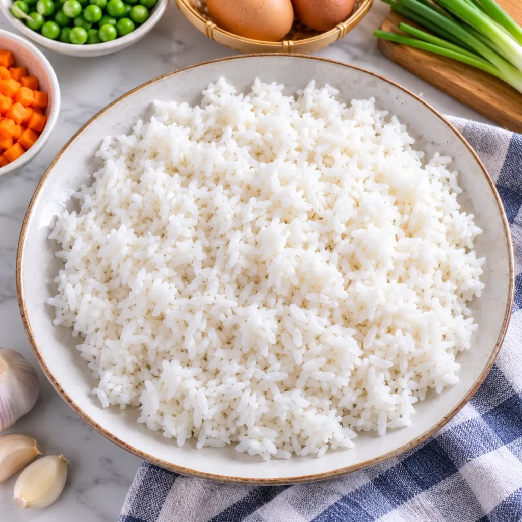 Cooked day-old white rice spread on a plate, showing fluffy separated grains perfect for making Chinese Fried Rice.