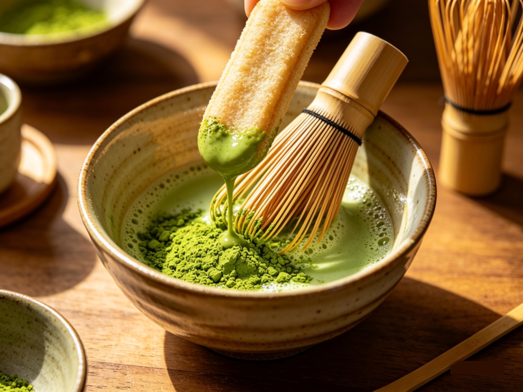Light ladyfinger biscuits being dipped into vibrant green matcha tea before layering