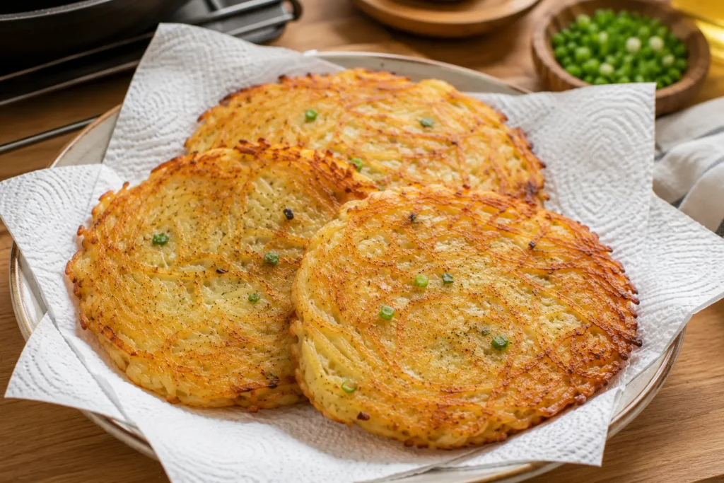 Freshly cooked Korean potato pancakes resting on paper towels to remove excess oil.