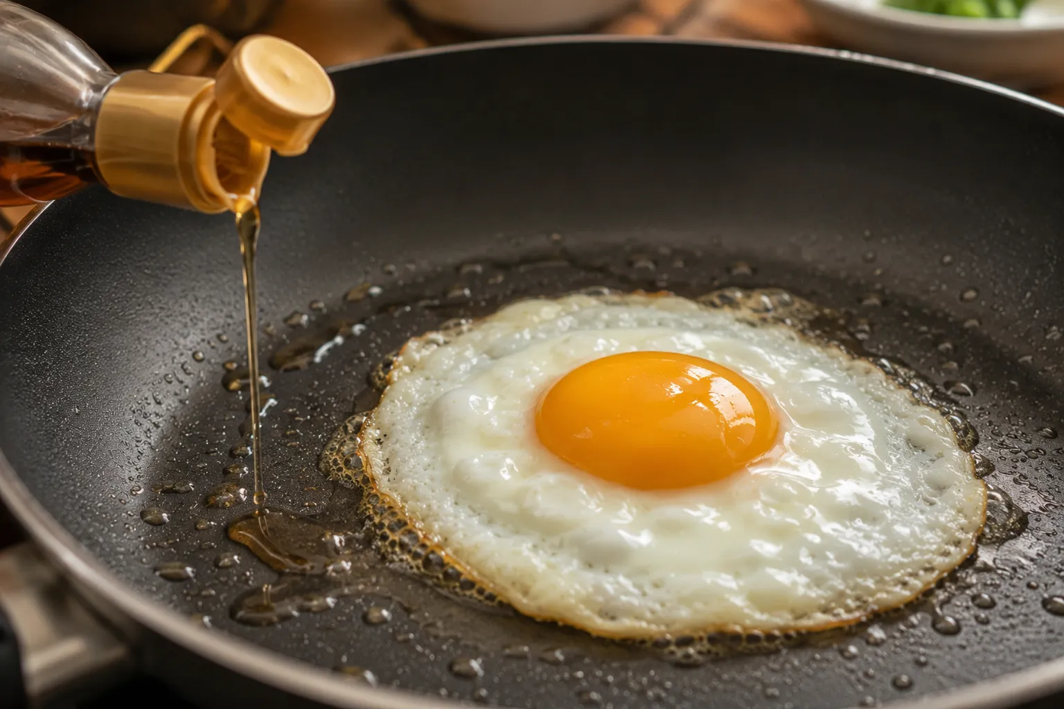 Sesame oil being drizzled over a frying egg in a non-stick pan for authentic Korean Gyeran Bap.