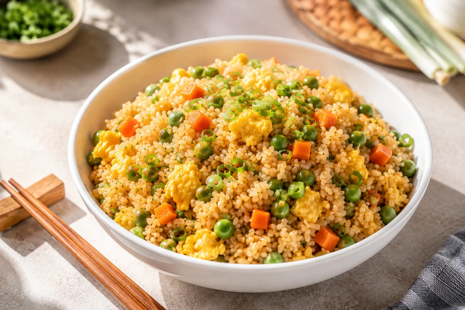 Easy Chinese Fried Rice served in a white ceramic bowl with fluffy rice, scrambled eggs, carrots, green peas, and spring onions.