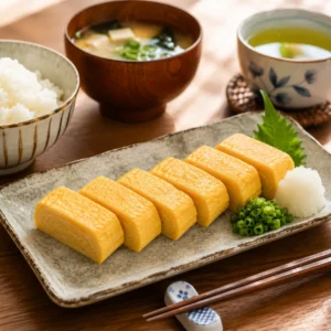 Freshly sliced Japanese Tamagoyaki served with steamed rice, miso soup, green tea, and chopsticks for a traditional Japanese breakfast.