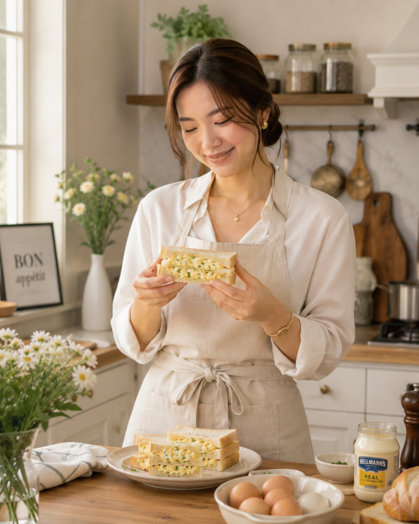 Elegant woman wearing an apron holding a homemade egg sandwich in a cozy kitchen