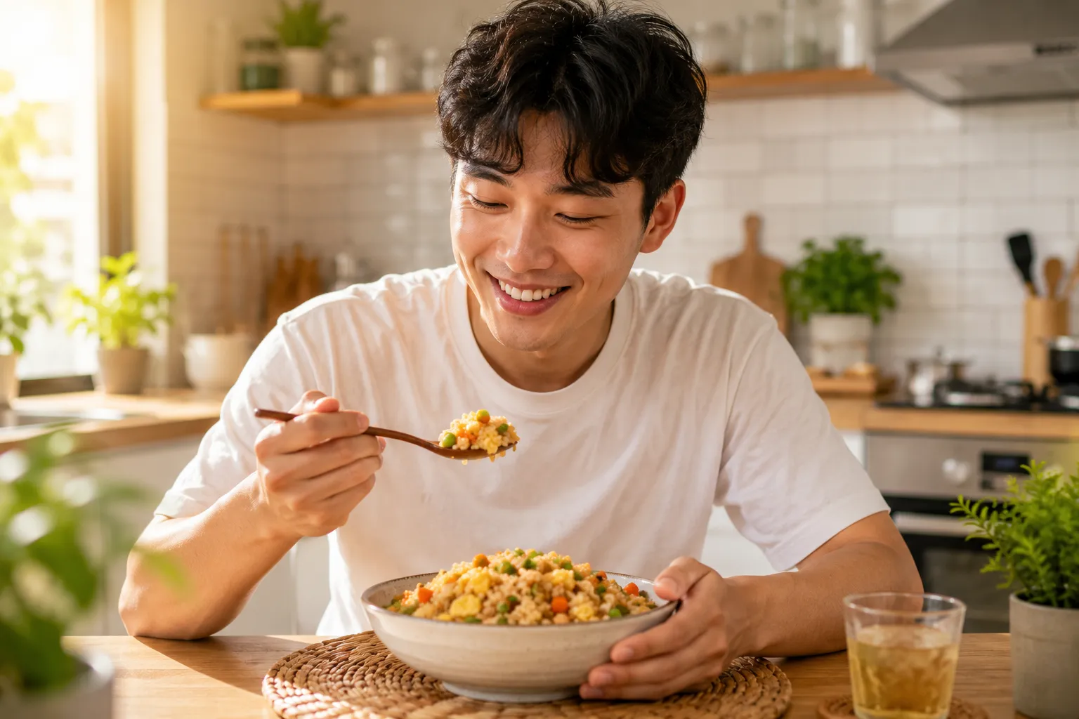 Smiling young adult enjoying homemade Chinese Fried Rice in a bright modern kitchen during lunchtime.