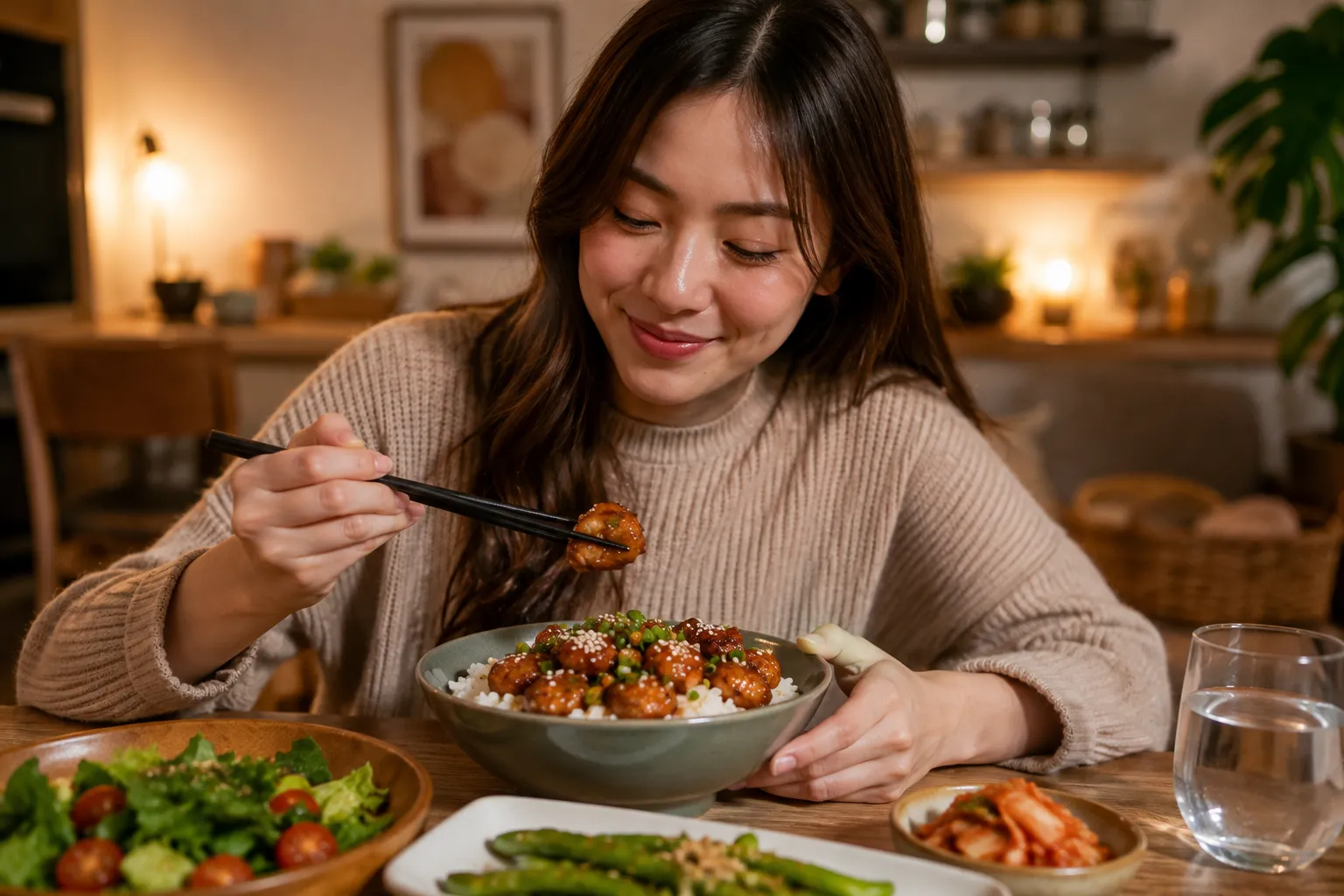 Young adult enjoying Juicy Teriyaki Chicken Bites with chopsticks at a cozy dinner table.