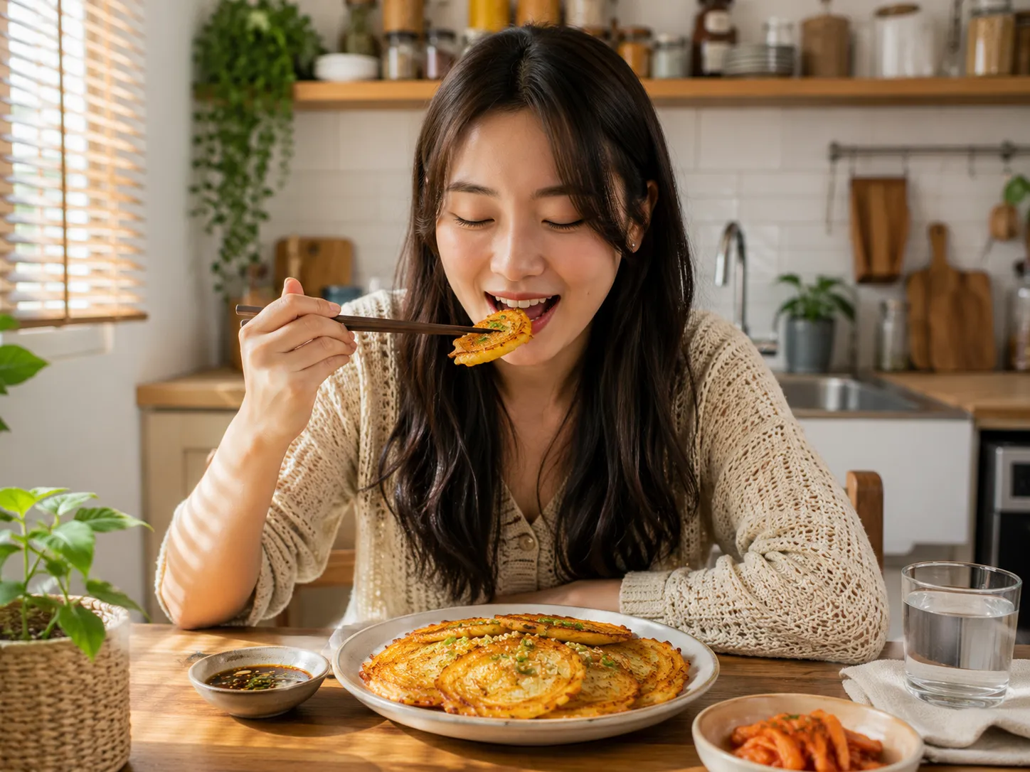 Young adult enjoying crispy Korean potato pancakes with chopsticks at a bright home dining table.
