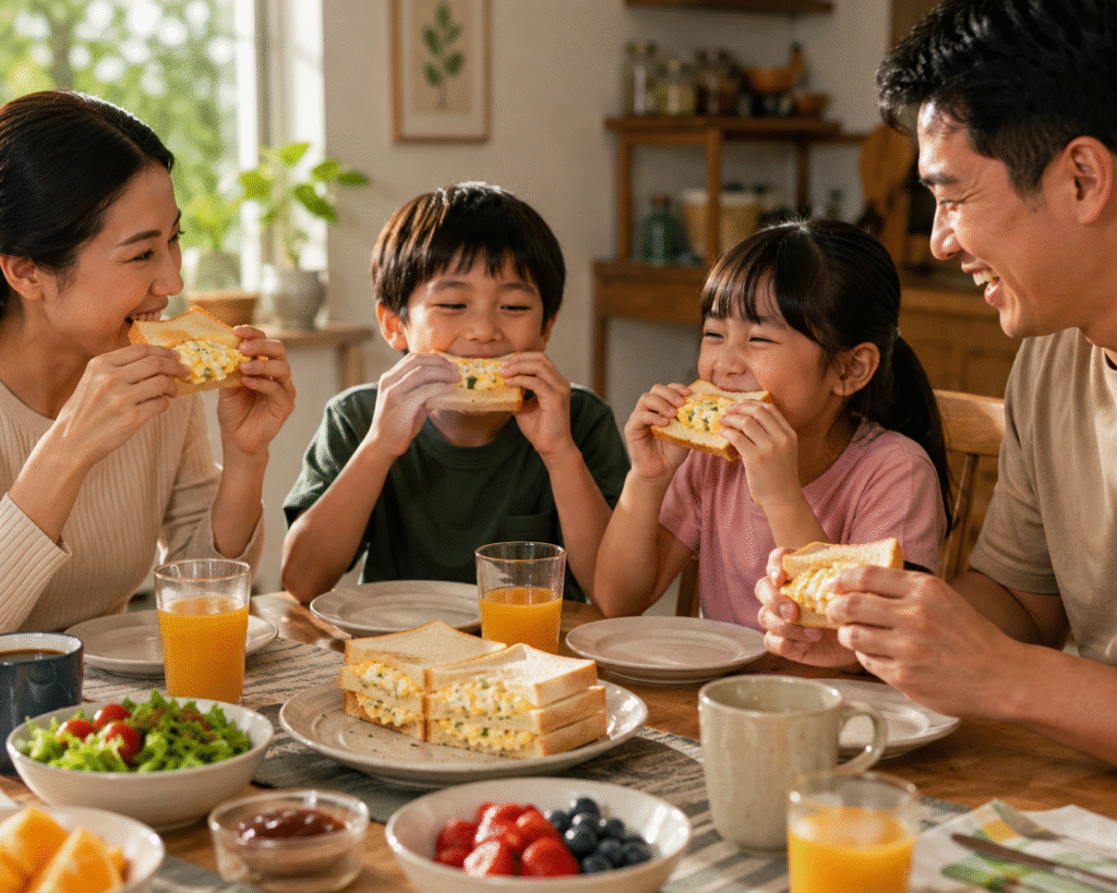 Happy family eating homemade egg sandwiches together at the breakfast table