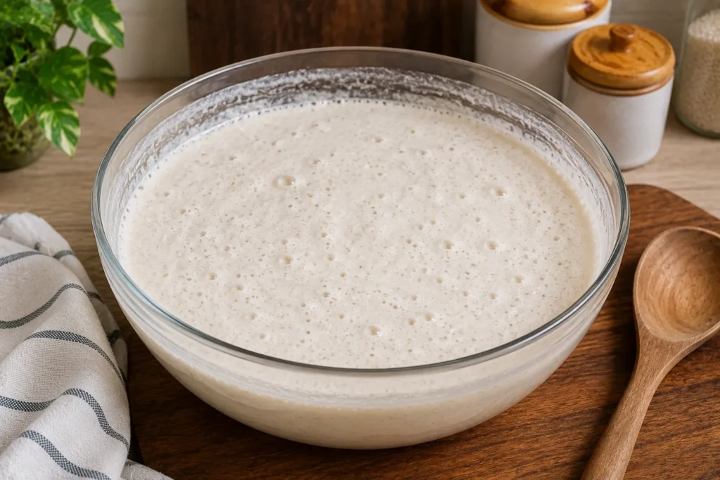Smooth fermented Masala Dosa batter with airy bubbles in a mixing bowl ready for cooking