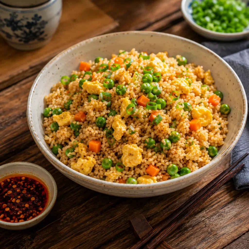 Homemade Chinese Fried Rice served with chopsticks and chili oil on a wooden table.