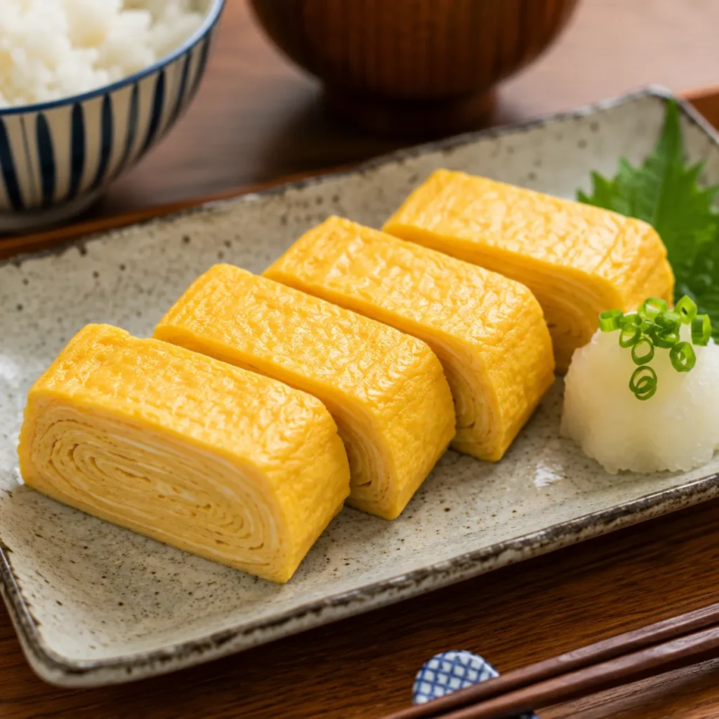 Golden layered Japanese Tamagoyaki sliced into thick pieces and served on a ceramic plate with grated daikon and green garnish.