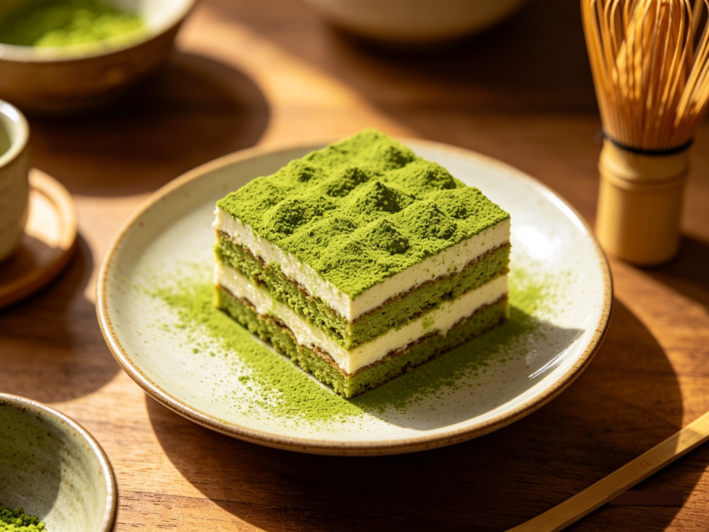Beautiful finished matcha tiramisu served on a plate, showing clear layers of green cream and matcha-soaked biscuits