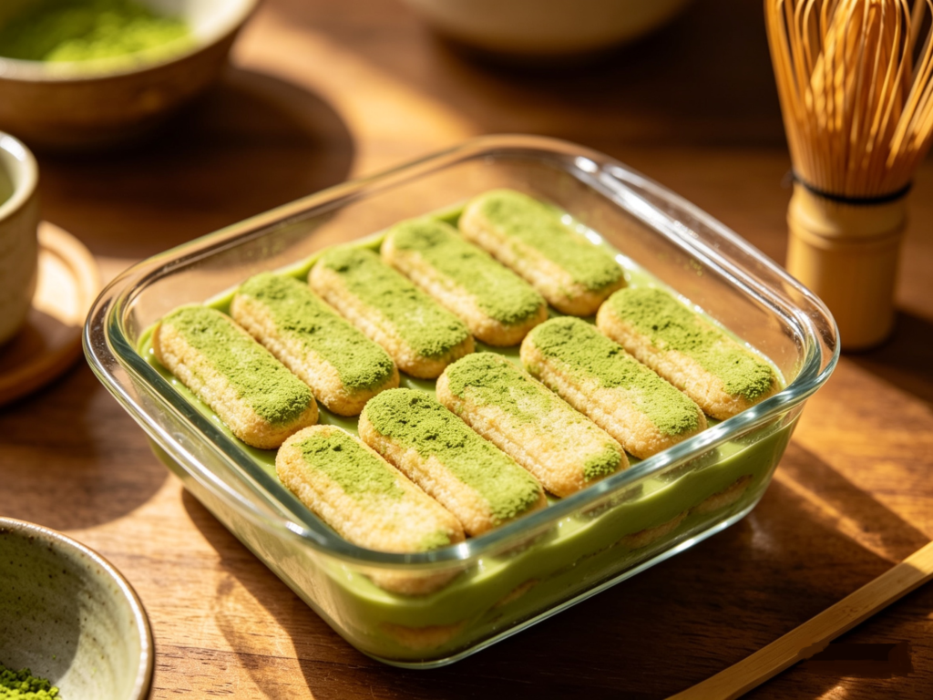First layer of matcha-soaked ladyfinger biscuits neatly arranged inside a clear glass baking dish