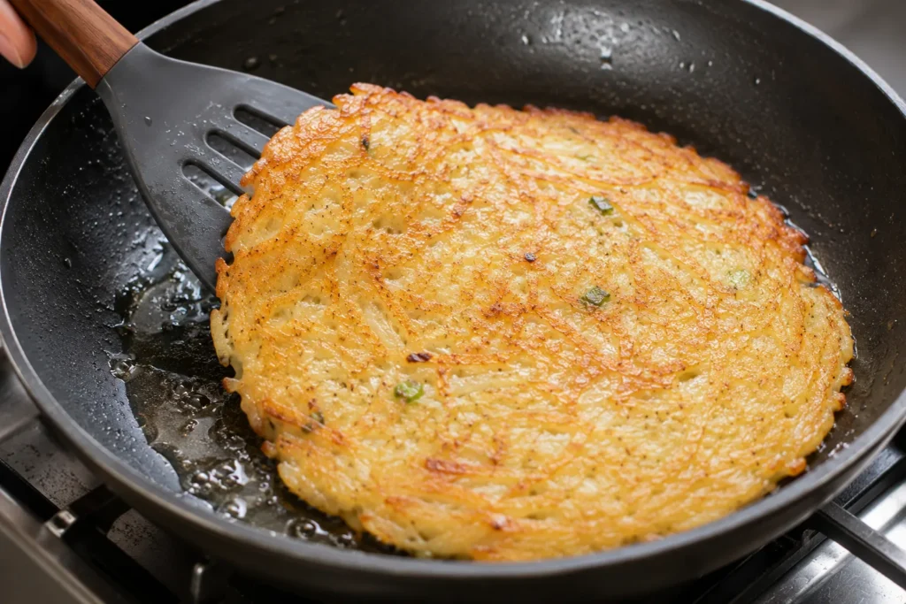Flipping a golden crispy Korean potato pancake in a frying pan using a spatula.