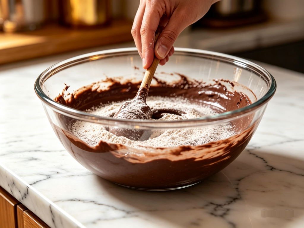 Single large glass bowl on marble table, hand folding fine flour into thick chocolate batter with a wooden spatula, smooth swirling texture, clean and focused composition.
