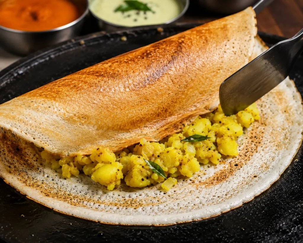 Golden crispy Masala Dosa filled with seasoned potato mixture and folded before serving