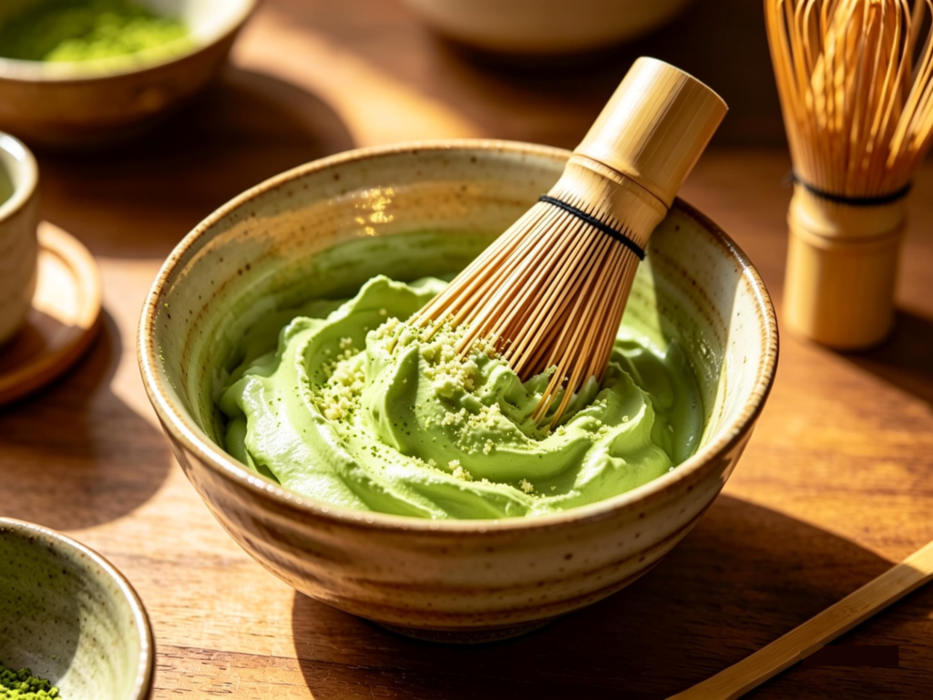 Smooth mascarpone cheese being gently folded into fluffy whipped cream, turning into soft green matcha cream