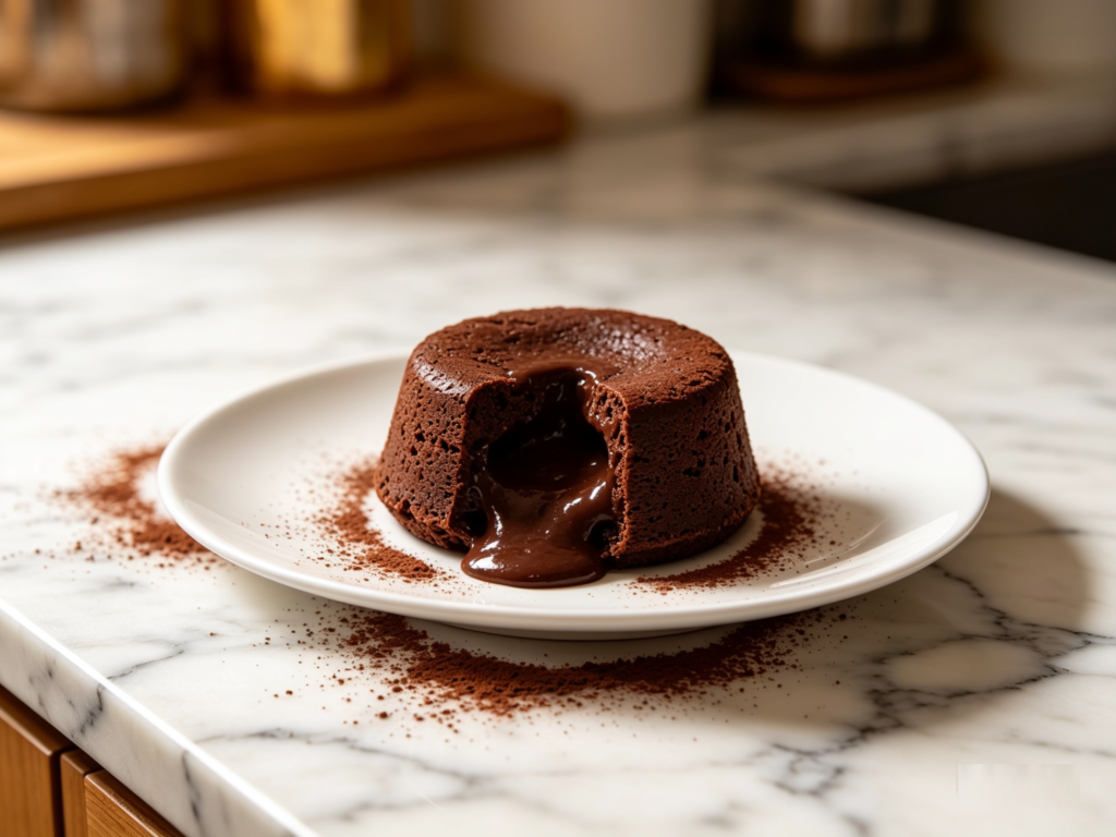 Freshly baked chocolate lava cake resting on a clean white plate, soft rounded shape, smooth surface, gentle kitchen lighting, simple elegant presentation.
