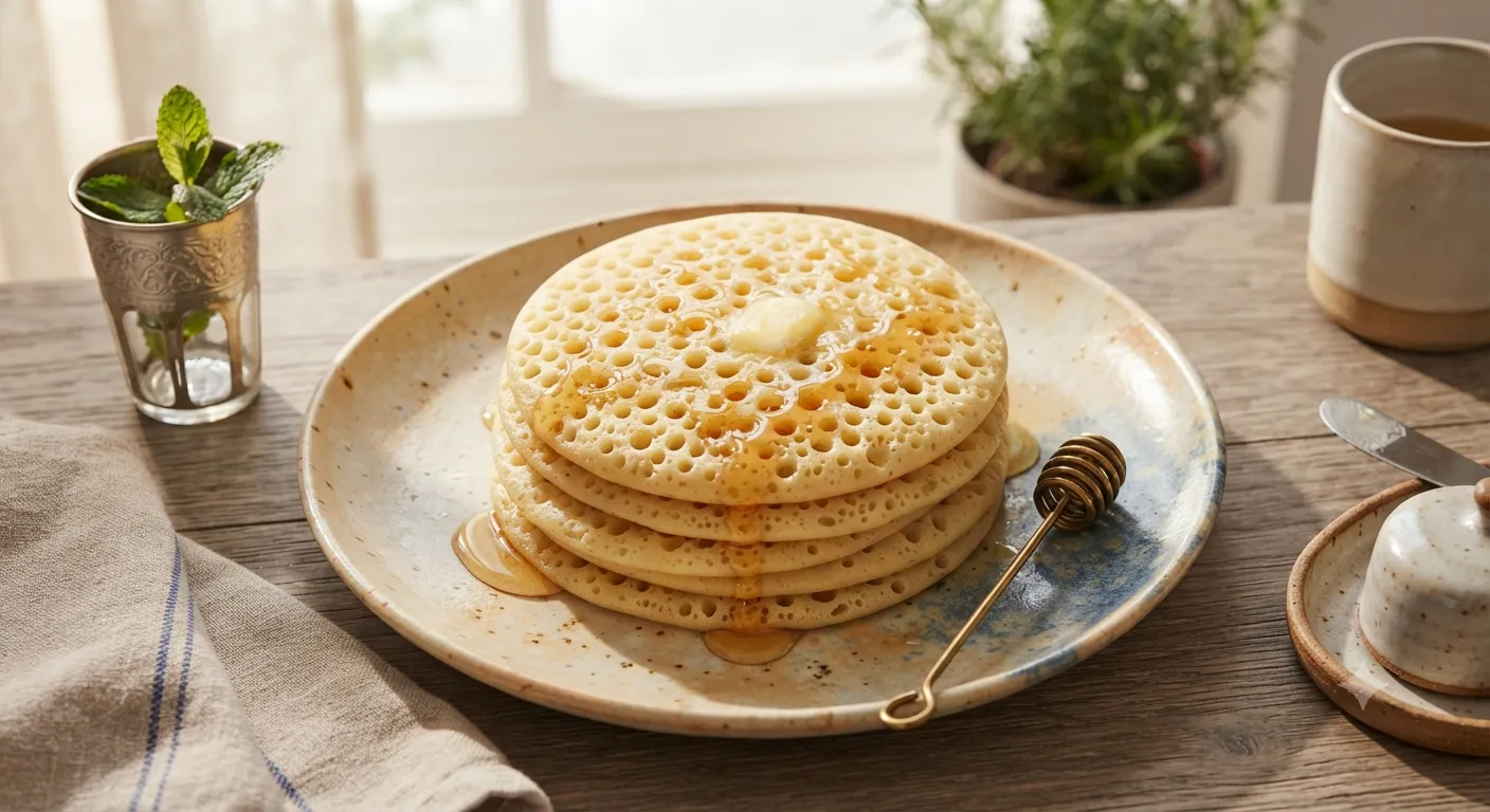 Stack of fresh Moroccan Baghrir pancakes featuring hundreds of tiny holes, drizzled with warm honey and melted butter on a ceramic plate, premium breakfast photography.
