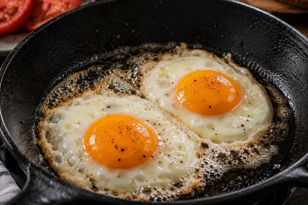 Sunny-side-up eggs frying in butter with bright golden yolks for a homemade British Full Breakfast.