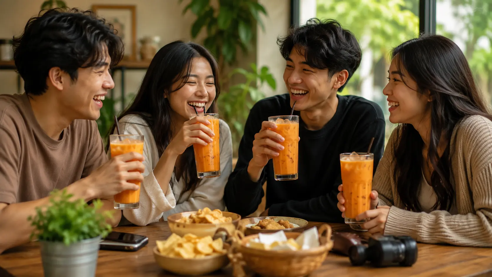 Group of friends enjoying homemade Thai iced tea together at a casual gathering