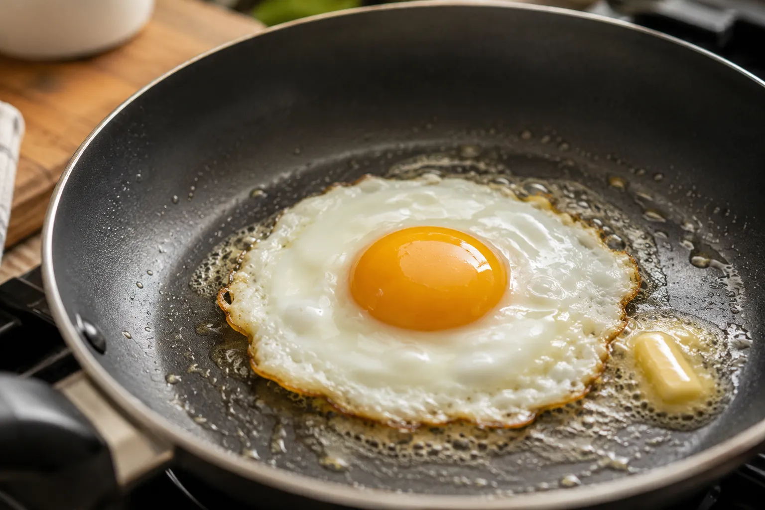 Sunny-side-up egg frying in a non-stick skillet with melted butter for an easy Gyeran Bap recipe.