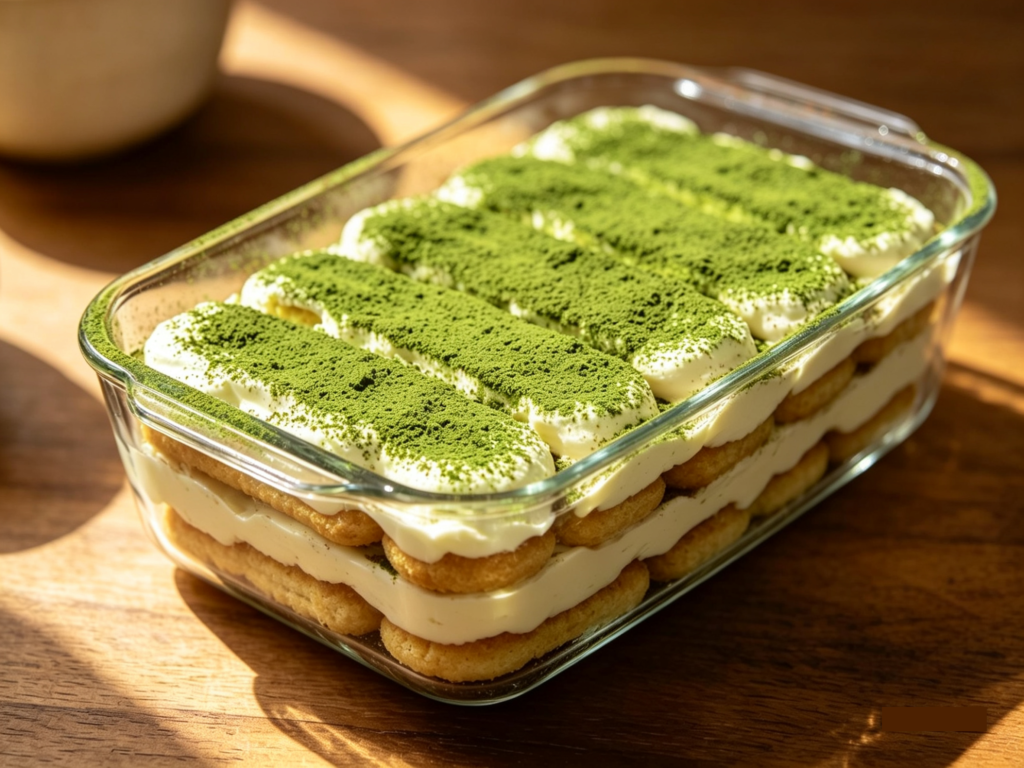Complete layered matcha tiramisu in glass dish, ready to be chilled, showing distinct layers of biscuit and cream