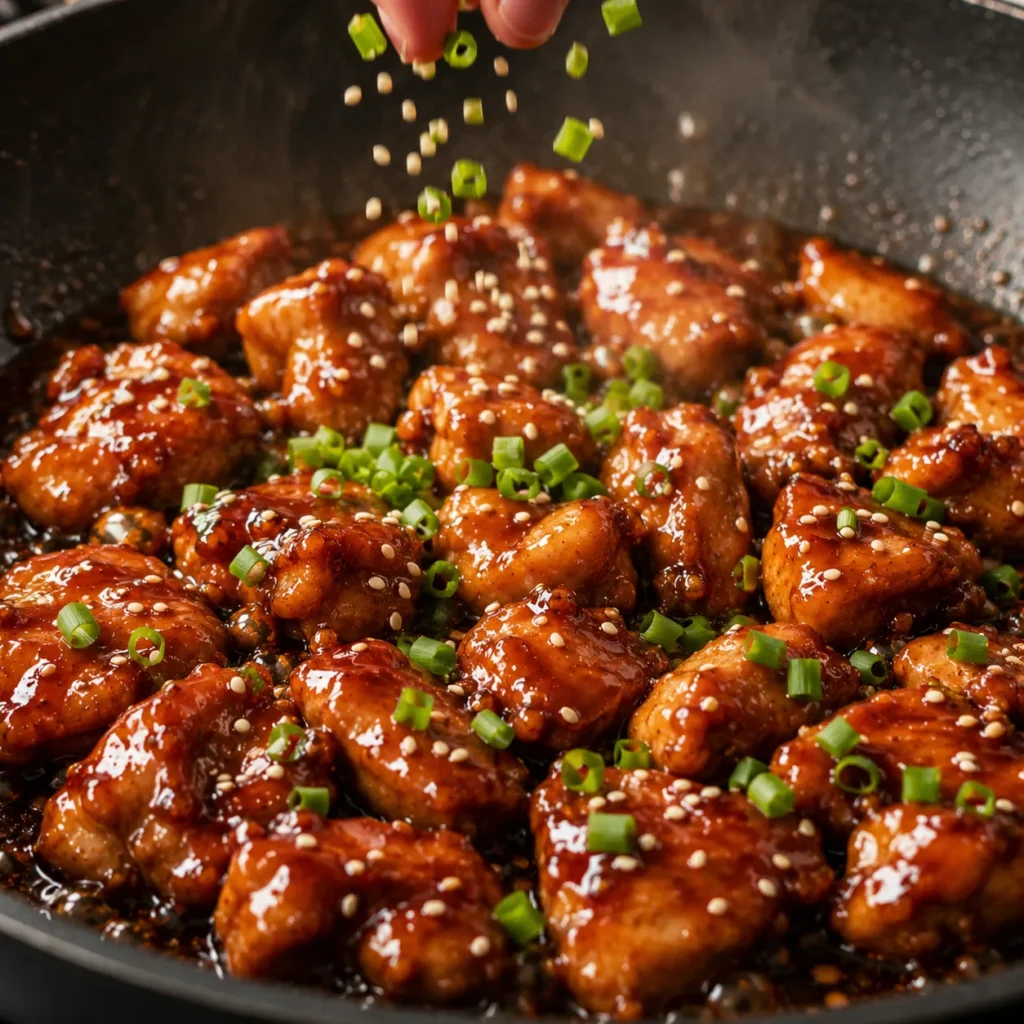 Sprinkling sesame seeds and chopped green onions over Juicy Teriyaki Chicken Bites before serving.
