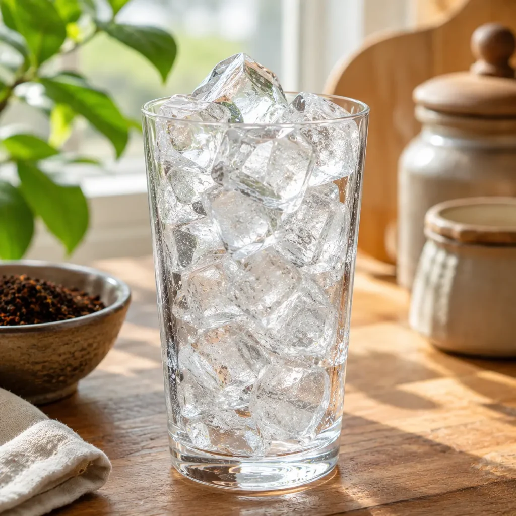 Tall glass filled with ice cubes ready for homemade Thai iced tea