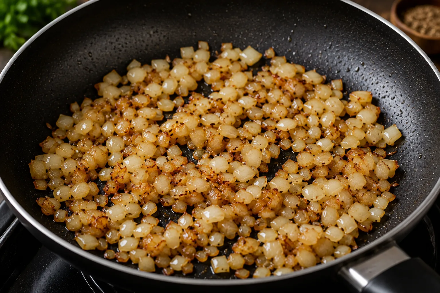 Finely chopped onions sautéing until golden brown for flavorful Indian Masala Egg Bhurji.