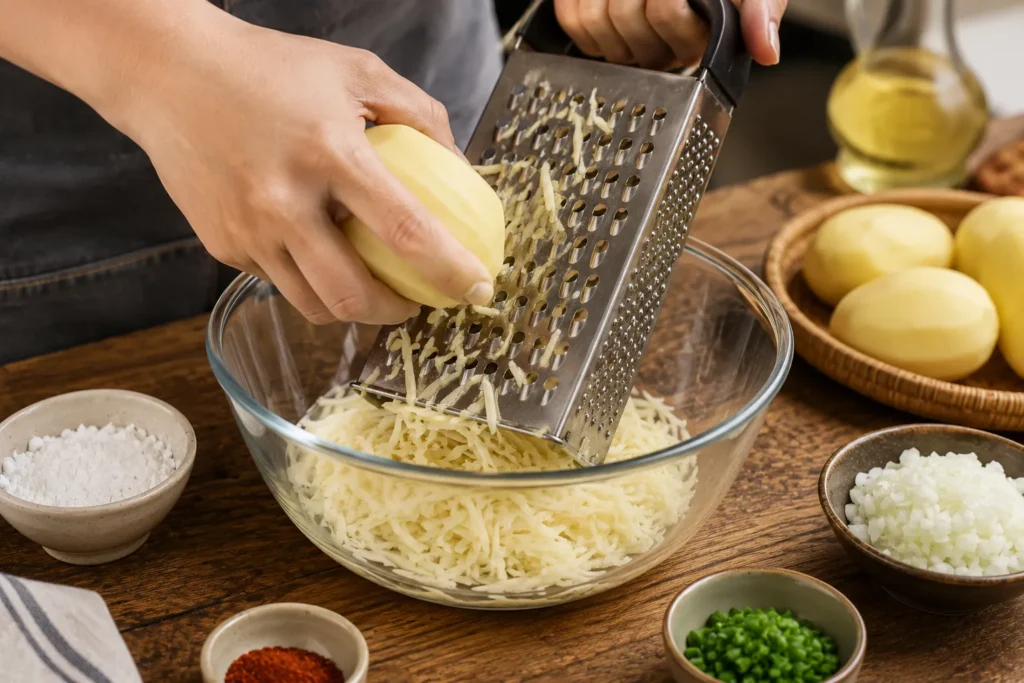 Hands grating peeled potatoes into a glass mixing bowl to prepare crispy Korean potato pancakes.