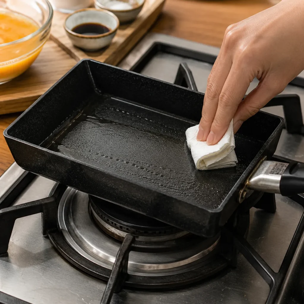 Rectangular Japanese Tamagoyaki pan lightly greased with cooking oil before making rolled Japanese omelet.