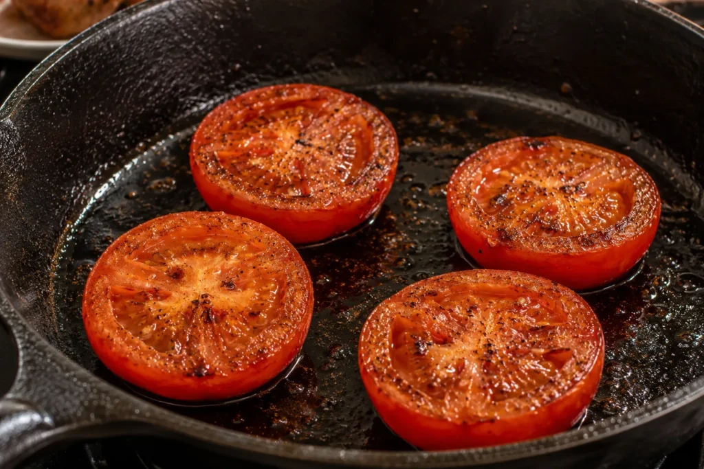 Fresh tomato halves grilling in a skillet with light caramelization for a traditional British Full Breakfast.