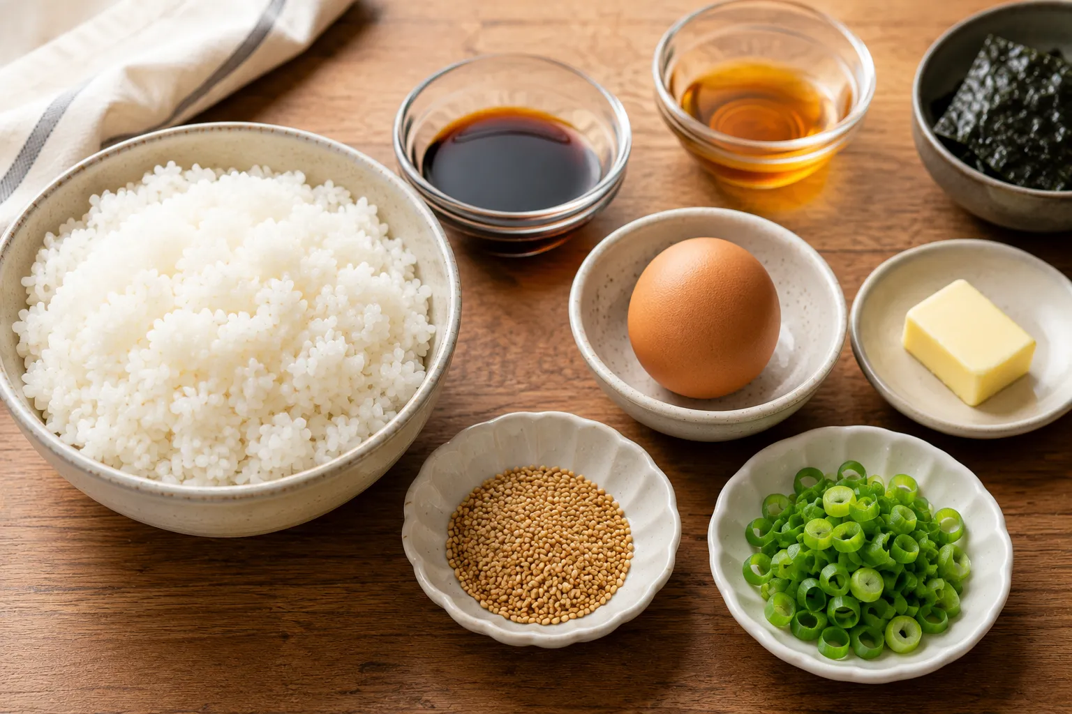 Ingredients for Gyeran Bap including short-grain rice, egg, soy sauce, sesame oil, butter, sesame seeds, and green onions on a wooden countertop.