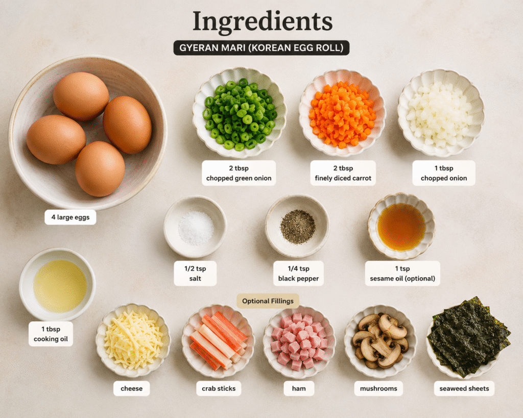 Ingredients for homemade Gyeran Mari Korean egg roll including eggs, green onions, carrots, onions, cheese, crab sticks, mushrooms, and seaweed on a kitchen table.