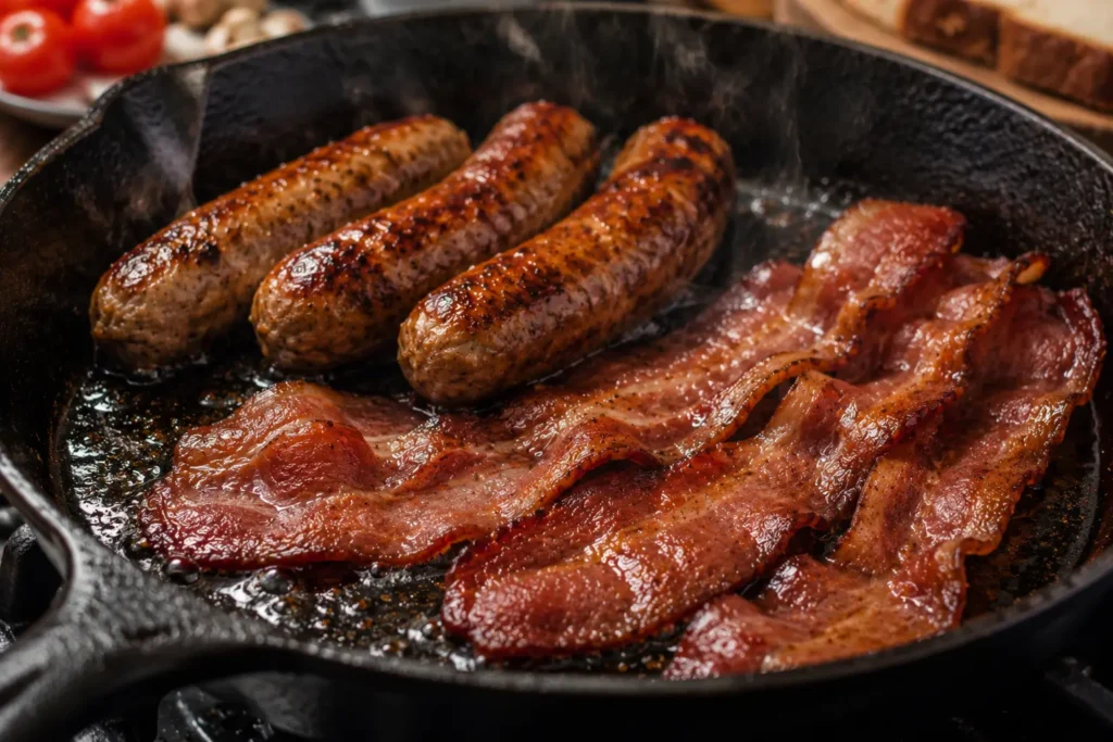 Crispy halal beef bacon frying beside golden beef sausages in a skillet for a homemade British Full Breakfast.