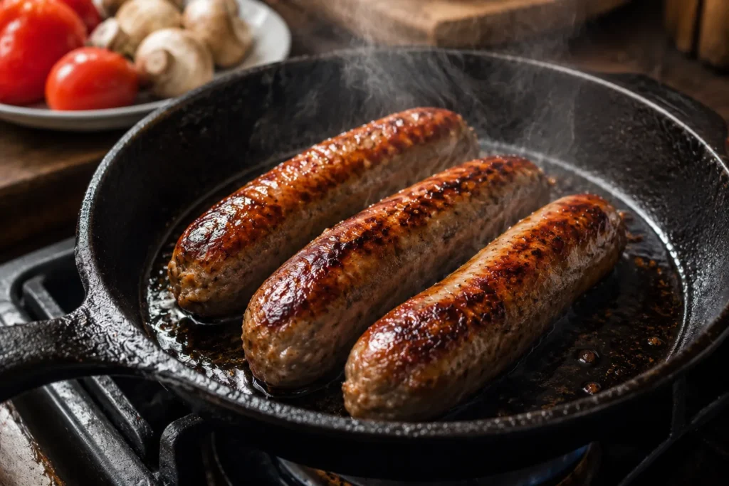 Halal beef sausages sizzling in a cast iron skillet until golden brown for a traditional British Full Breakfast.