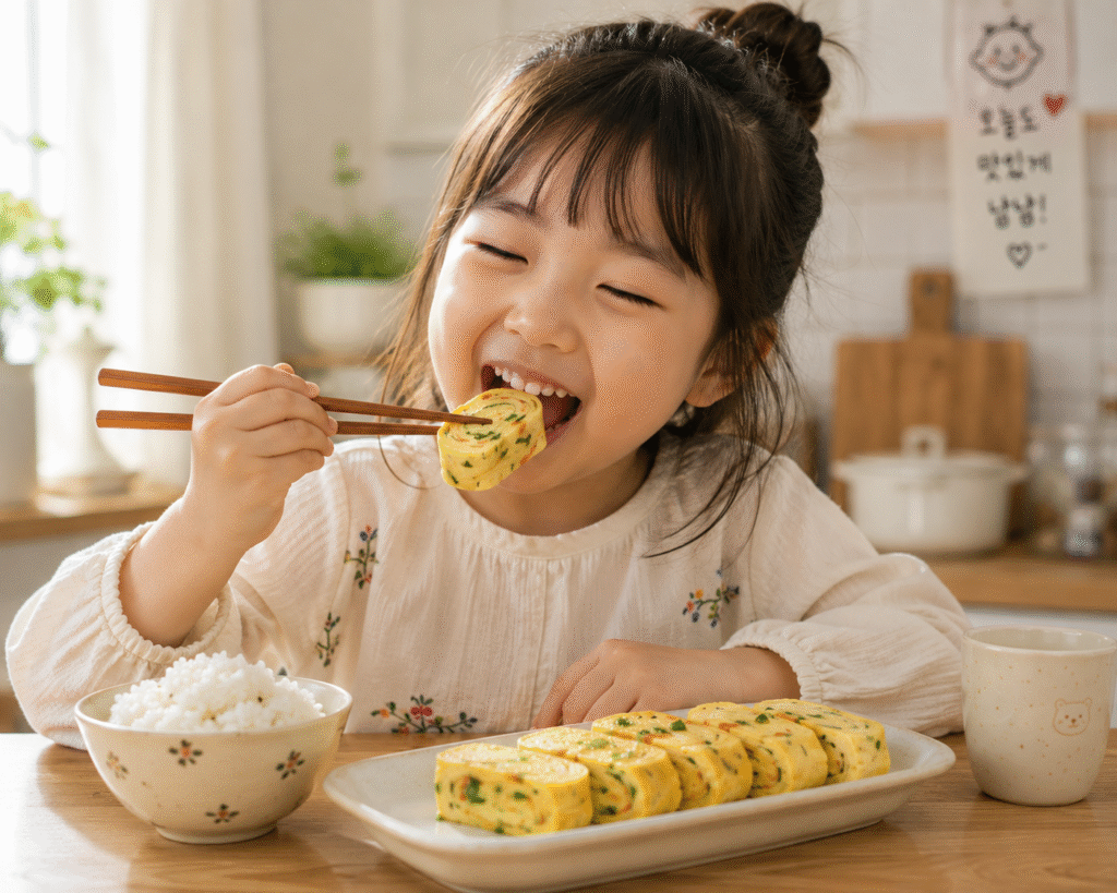 Happy child enjoying soft homemade Gyeran Mari with a fork at the breakfast table in a warm kitchen atmosphere.