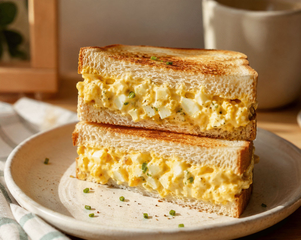 Homemade egg sandwich with creamy filling and toasted bread served for breakfast