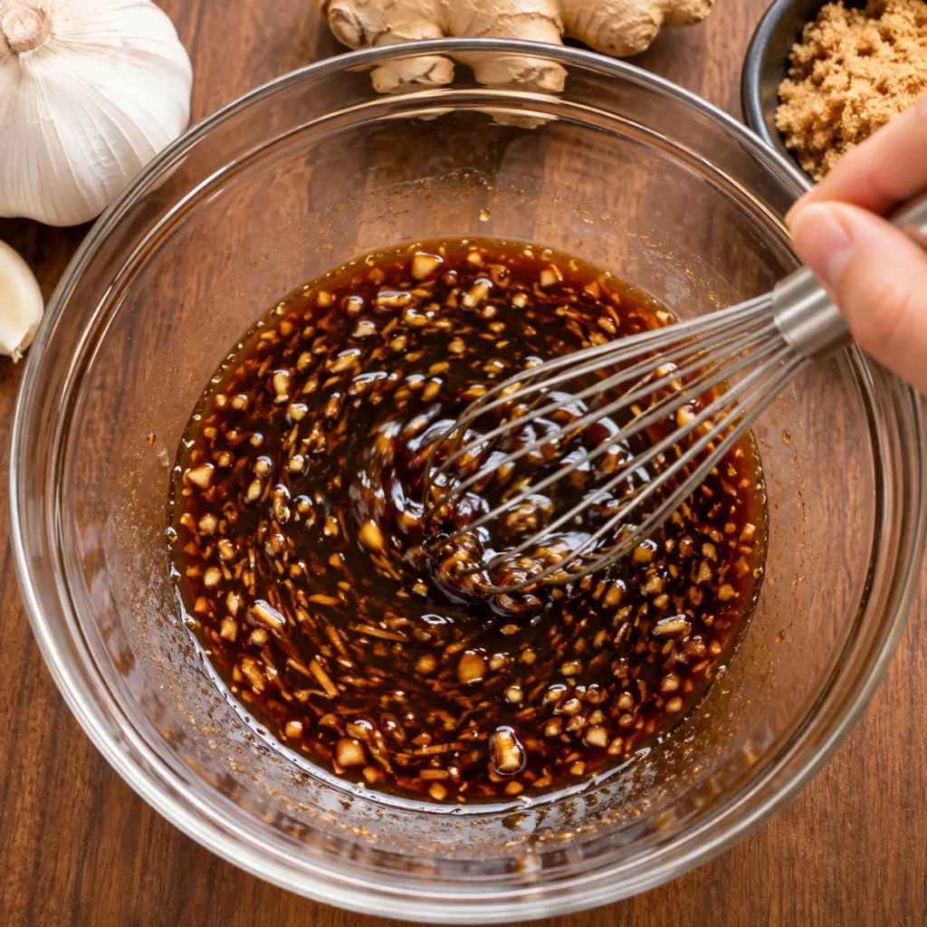 Mixing homemade teriyaki sauce with soy sauce, honey, garlic, ginger, sesame oil, and rice vinegar.