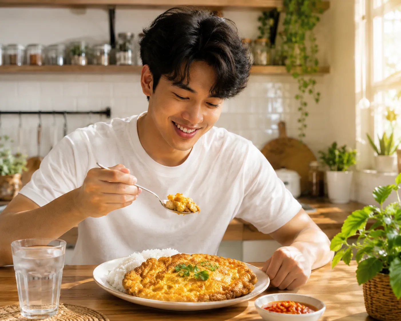 Smiling young adult enjoying homemade Thai Kai Jeow for breakfast in a bright modern kitchen.