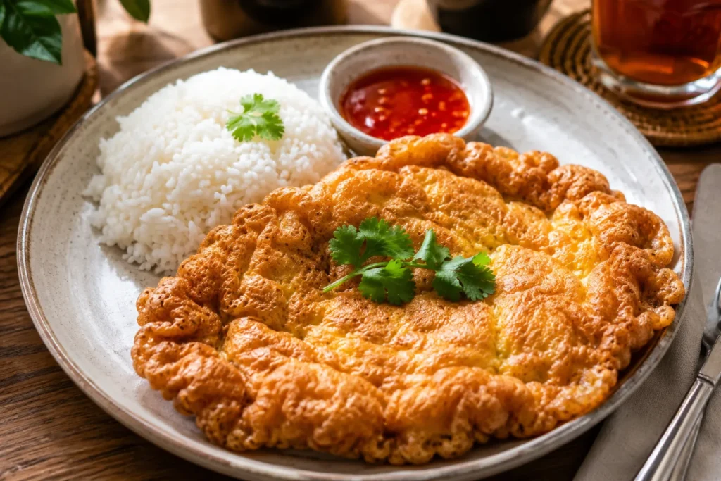 Finished Thai Kai Jeow served with steamed jasmine rice and Thai chili sauce on a white plate.