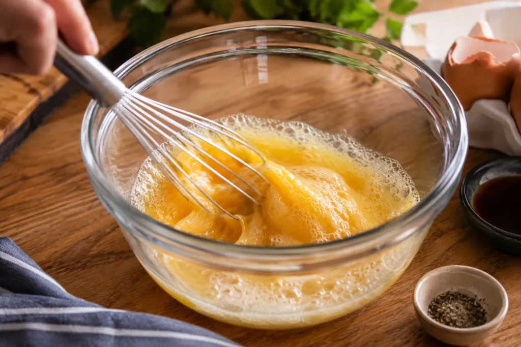 Whisking eggs with fish sauce, white pepper, and water until frothy to make authentic Thai Kai Jeow.