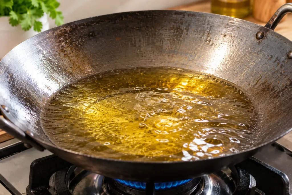 Hot vegetable oil heating in a traditional wok before frying Thai Kai Jeow.