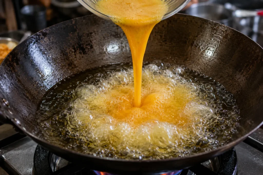 Pouring the egg mixture into hot oil to create the signature crispy Thai Kai Jeow texture.